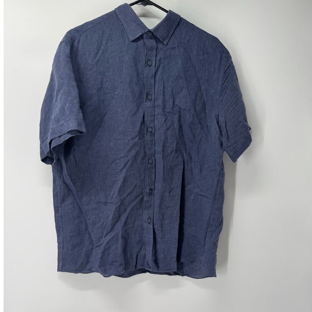 UNTUCKit Men's Large Blue Linen Button Down Short Sleeve Shirt Wrinkle Resistant